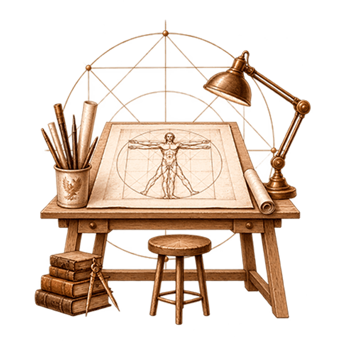 Mesa de dibujo con el Hombre de Vitruvio, lámpara de bronce y el emblema del fénix.
