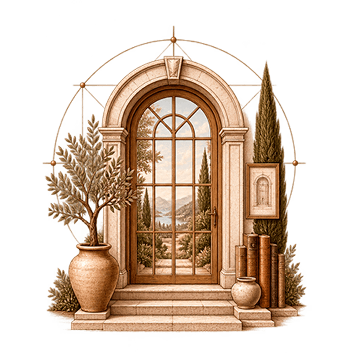 Umbral arqueado de piedra abierto a un paisaje, con libros y vasijas de terracota.